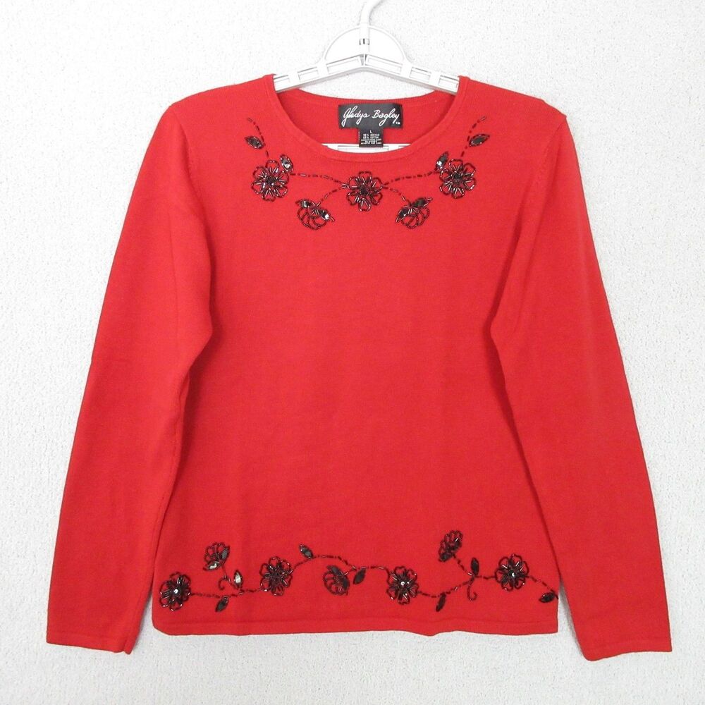Gladys Bagley‎ Sweater Womens L Red Embellished Floral Beaded Long Sleeve Knit